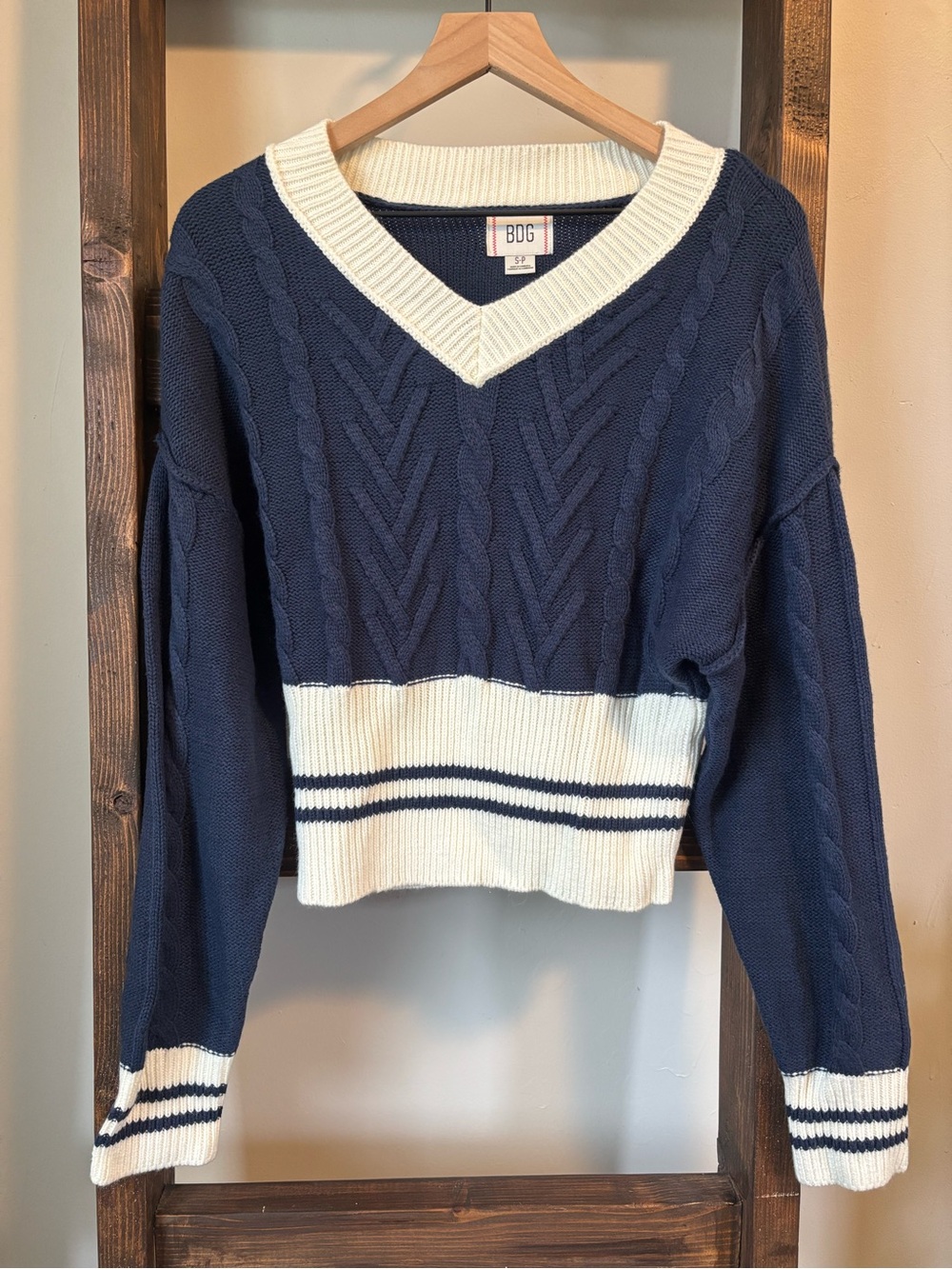 BDG Navy and White V-Neck Cable Knit Sweater